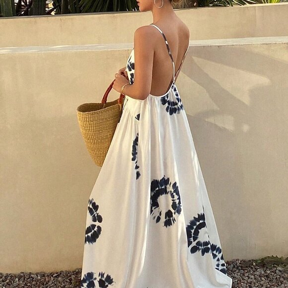 Beige Boho Women's Full Floral Print Spaghetti Strap Dress - Picture 6 of 7